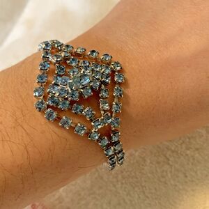 Vintage Blue Rhinestone Statement Bracelet Silver Tone Geometric 7” Wedding